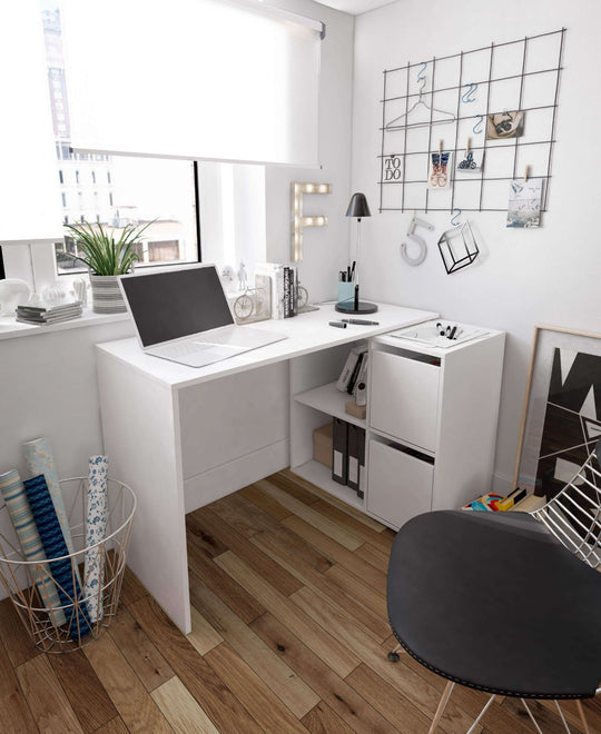 Drift White Reversible Desk – Home Office Table with Storage & Cupboards