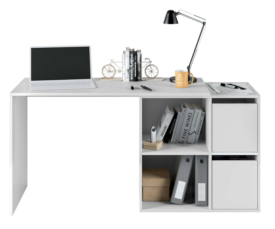 Drift White Reversible Home Office Desk with Storage – Study Table for Computer and Laptop with Shelves and Cupboards