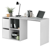 White reversible Drift desk by Lavish Kitchen Isle, featuring storage, cupboards, and a flexible corner design for home office use.
