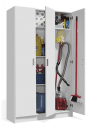 White wide storage cupboard with three doors and adjustable shelves, perfect for kitchen or utility room organization.