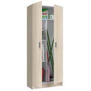 Tall oak effect utility storage cupboard with two doors and internal shelves, ideal for multi-use storage in kitchens or garages.