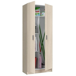 Tall oak effect utility storage cupboard with two doors and internal shelves, ideal for multi-use storage in kitchens or garages.