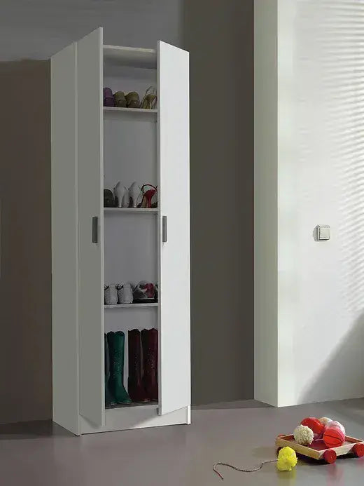 Multi Tall White Shoe Storage Cupboard 59cm Wide 2 Door Utility Cabinet with Internal Shelves