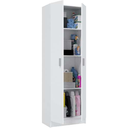 Multi Tall White Shoe Storage Cupboard 59cm Wide 2 Door Utility Cabinet with Internal Shelves