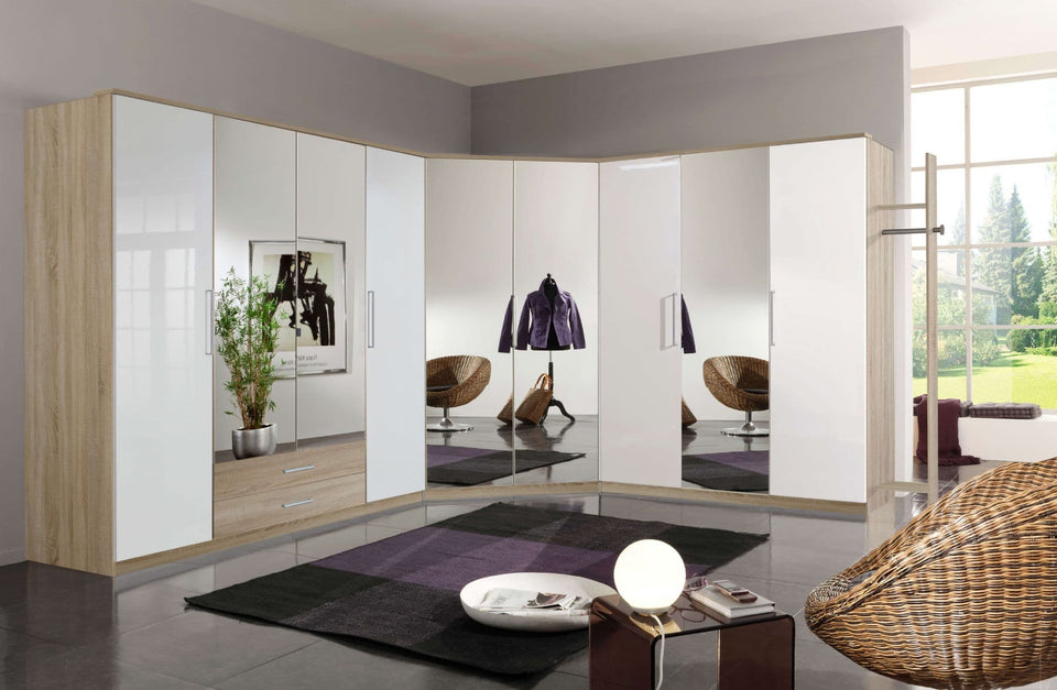 White Gloss and Oak Effect 4 Door Wardrobe Large Storage Unit with Hanging Rails, Shelves, and Cupboard Space