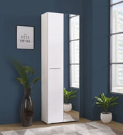 White mirrored wardrobe with oak effect finish, featuring shelves and hanging rail, ideal for modern bedroom storage.