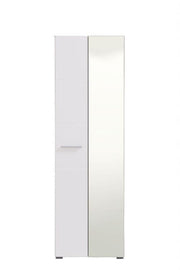 Gloss mirrored wardrobe with oak effect finish, featuring shelves and hanging rail, ideal for modern storage in a bedroom.