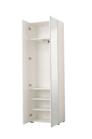 White mirrored wardrobe by Lavish Kitchen Isle with oak effect, 60cm wide, featuring shelves and hanging rail, modern storage solution