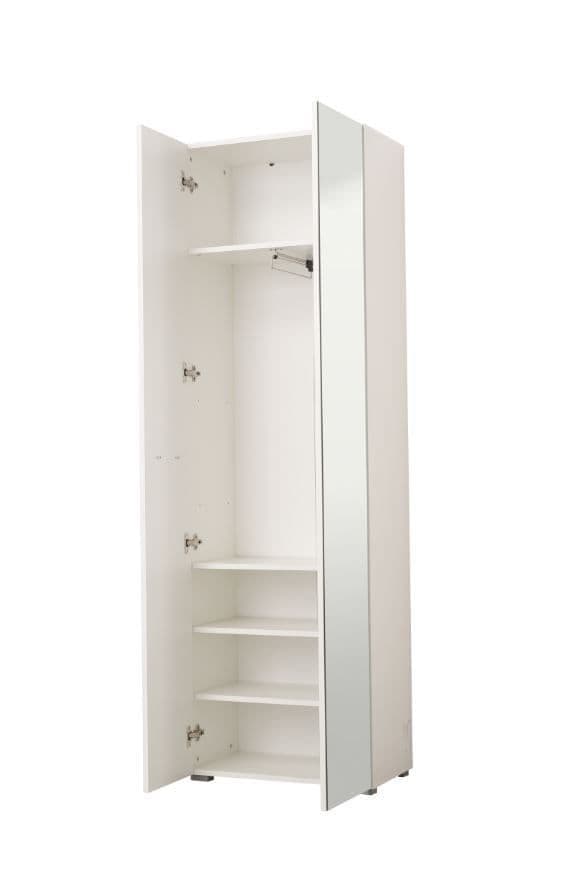 White Mirrored Narrow Wardrobe 60cm Wide with Hanging Rail and Shelving for Bedroom Storage