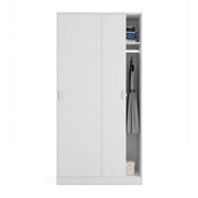 White sliding door wardrobe with two doors, 100cm wide, featuring hanging rail and shelf for narrow bedroom storage by Lavish Kitchen Isle.