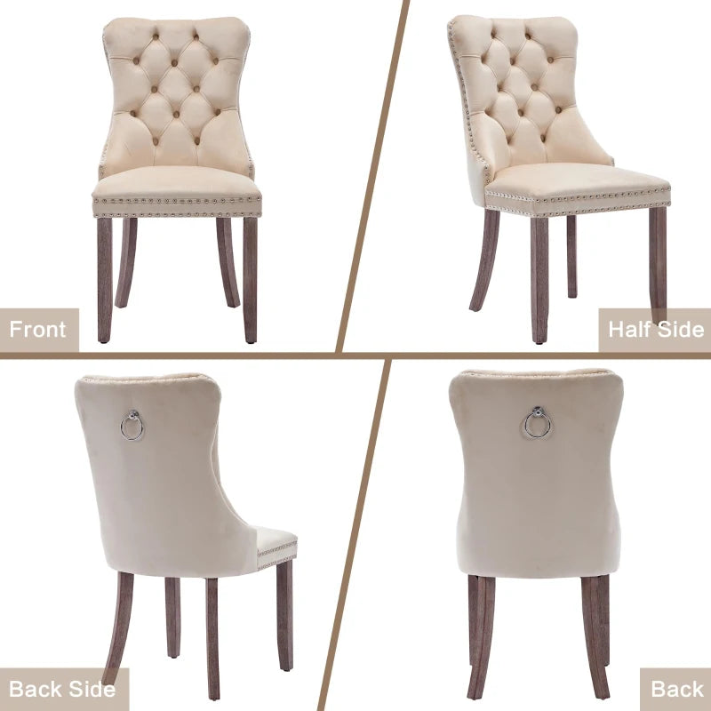 Set of 2 Velvet Dining Chairs with Button Tufted Backrest and Knocker Ring | Grey and Beige