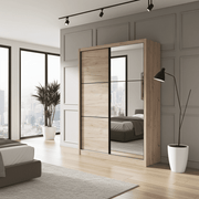 Oak effect sliding door wardrobe with full-length mirror, 166cm wide, designed for bedroom storage by Lavish Kitchen Isle.