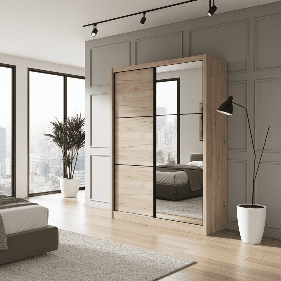 Oak effect sliding door wardrobe with full-length mirror, 166cm wide, designed for bedroom storage by Lavish Kitchen Isle.