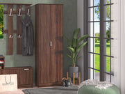 Dark brown Swold 2-door wardrobe with shelves and compartments, tall multi-purpose storage cabinet by Lavish Kitchen Isle.
