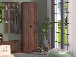 Dark brown Swold 2-door wardrobe with shelves and compartments, tall multi-purpose storage cabinet by Lavish Kitchen Isle.