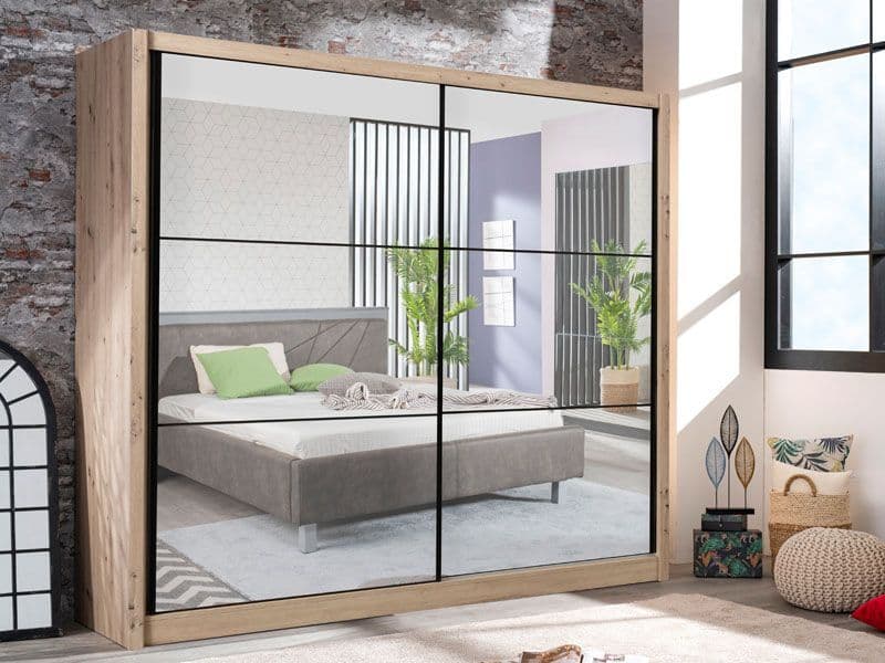 Orbix Artisan Oak Effect Sliding Door Wardrobe 213cm Wide Full Mirrored with Shelving and Hanging Rail