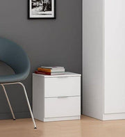 Contemporary white bedside table with two drawers, compact 38 cm design from Lavish Kitchen Isle, ideal for modern bedrooms.