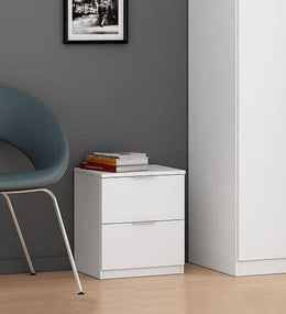 Contemporary white bedside table with two drawers, compact 38 cm design from Lavish Kitchen Isle, ideal for modern bedrooms.
