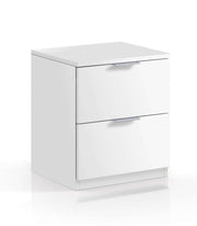 Contemporary white bedside table with two drawers, compact 38 cm design, by Lavish Kitchen Isle, showing smooth drawer fronts and modern style.