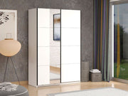 White sliding wardrobe with mirror, 145cm, featuring hanging rail and shelves for bedroom storage, by Lavish Kitchen Isle.