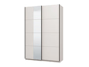 White sliding wardrobe with mirror, 145cm width, featuring hanging rail and shelves for bedroom storage.