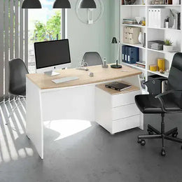 Auralis white and oak effect large office desk with three drawers, spacious home study table for computer or laptop.