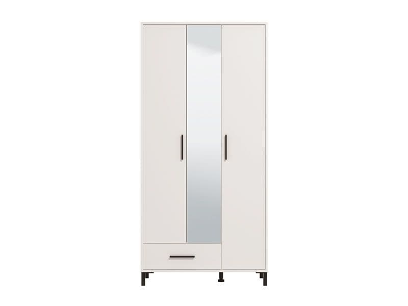 White 93cm Wide 3 Door Mirrored Wardrobe – Slim Tall Cupboard with Hanging Rail, Drawers & Shelving | Bedroom Furniture Storage for Small Narrow Spaces
