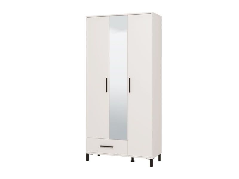 White 93cm Wide 3 Door Mirrored Wardrobe – Slim Tall Cupboard with Hanging Rail, Drawers & Shelving | Bedroom Furniture Storage for Small Narrow Spaces