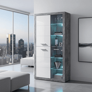 Lavish Kitchen Isle Cosmo tall display cabinet in grey and white gloss with glass doors and multiple shelves.