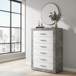 Grey and White Gloss Tallboy Chest of Drawers – 6 Drawer Bedroom Storage Unit