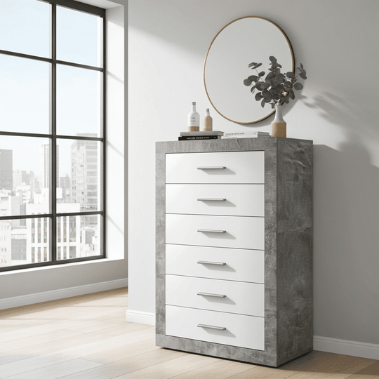 Grey and White Gloss Tallboy Chest of Drawers – 6 Drawer Bedroom Storage Unit