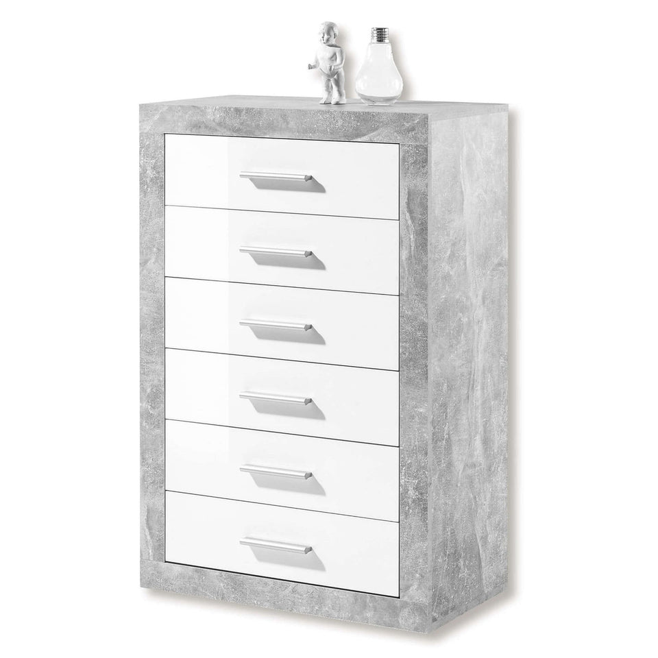 Metra Tallboy Chest of Drawers Grey and White Gloss 6 Drawer Bedroom Furniture Storage Unit 66cm Wide