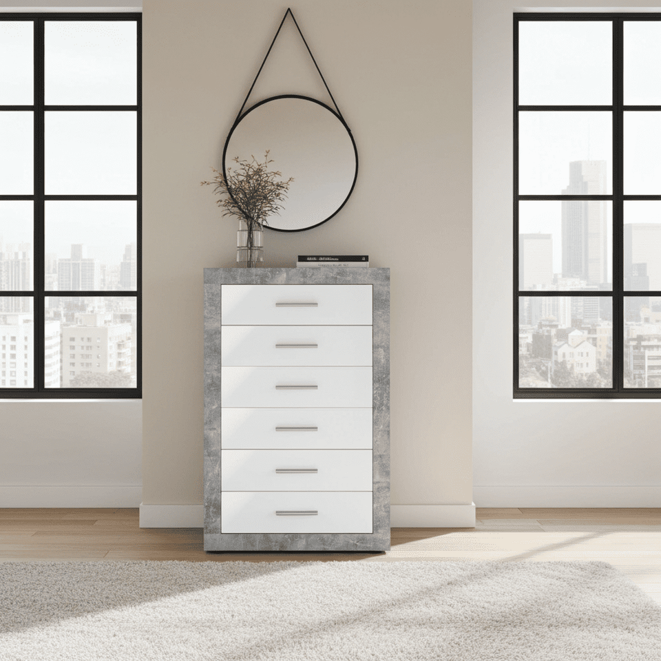 Grey and White Gloss Tallboy Chest of Drawers – 6 Drawer Bedroom Stora –  Lavish Kitchen Isle