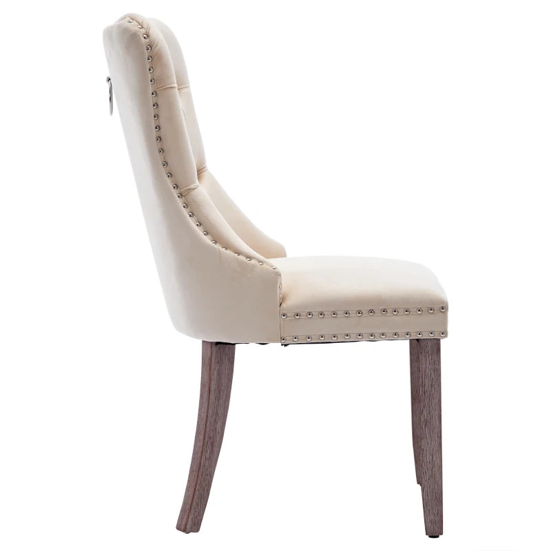 Set of 2 velvet dining chairs with button tufted backrests and knocker ring details in grey and beige, by Lavish Kitchen Isle