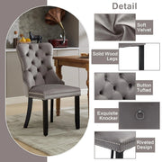 Set of 2 grey and beige velvet dining chairs with button tufted backrests and knocker ring accents, by Lavish Kitchen Isle.