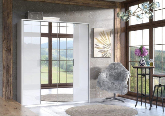 White High Gloss 4 Door Mirrored Wardrobe – Modern Bedroom Storage with Shelves & Rails
