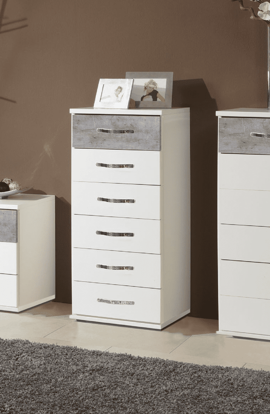 Concrete Grey & White Narrow Chest of Drawers – 6 Drawer Tall Bedroom Storage