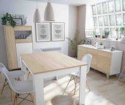 White and oak effect 3-door sideboard by Lavish Kitchen Isle, modern wide storage cabinet with six compartments, sleek design.