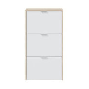 Lavish Kitchen Isle Marco white and light oak shoe rack cabinet with 3 folding doors, holds 18 pairs of shoes, space-saving organizer.
