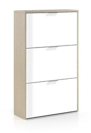 Lavish Kitchen Isle Marco white and light oak effect shoe rack cabinet with 3 folding doors, holds 18 pairs of shoes, space-saving design