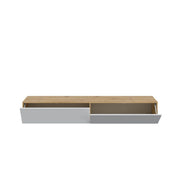 Floating TV cabinet in Nordic oak and white finish, modern wall-mounted TV stand with spacious storage for entertainment setup.
