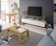 Large white and Nordic oak floating TV cabinet with modern wall-mounted design and ample storage space.