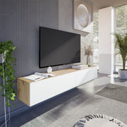 Floating TV cabinet in Nordic Oak and white finish, wall-mounted modern TV stand with spacious storage, by Lavish Kitchen Isle.