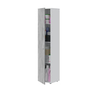 Narrow grey and white utility storage cupboard with single door and shelves, ideal for home or office organization.