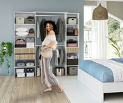Lavish Kitchen Isle natural oak effect and white open door wardrobe with shelves, drawers, and hanging rail, 190cm wide.