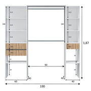 Natural oak effect and white open door wardrobe by Lavish Kitchen Isle, featuring shelves, drawers, and hanging rail inside.