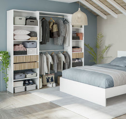 Natural oak effect and white open door wardrobe by Lavish Kitchen Isle with shelves, drawers, and hanging rail, 190cm wide.