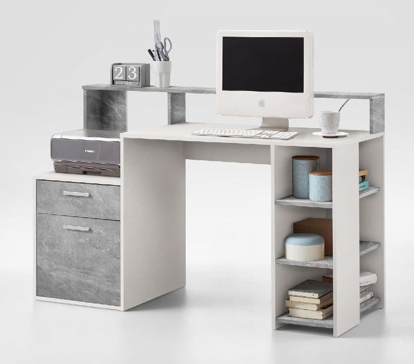 Niva Modern White and Concrete Grey Computer Desk with Hutch 138cm Wide - Home Office Study Desk with Drawer, Cupboard, and Storage