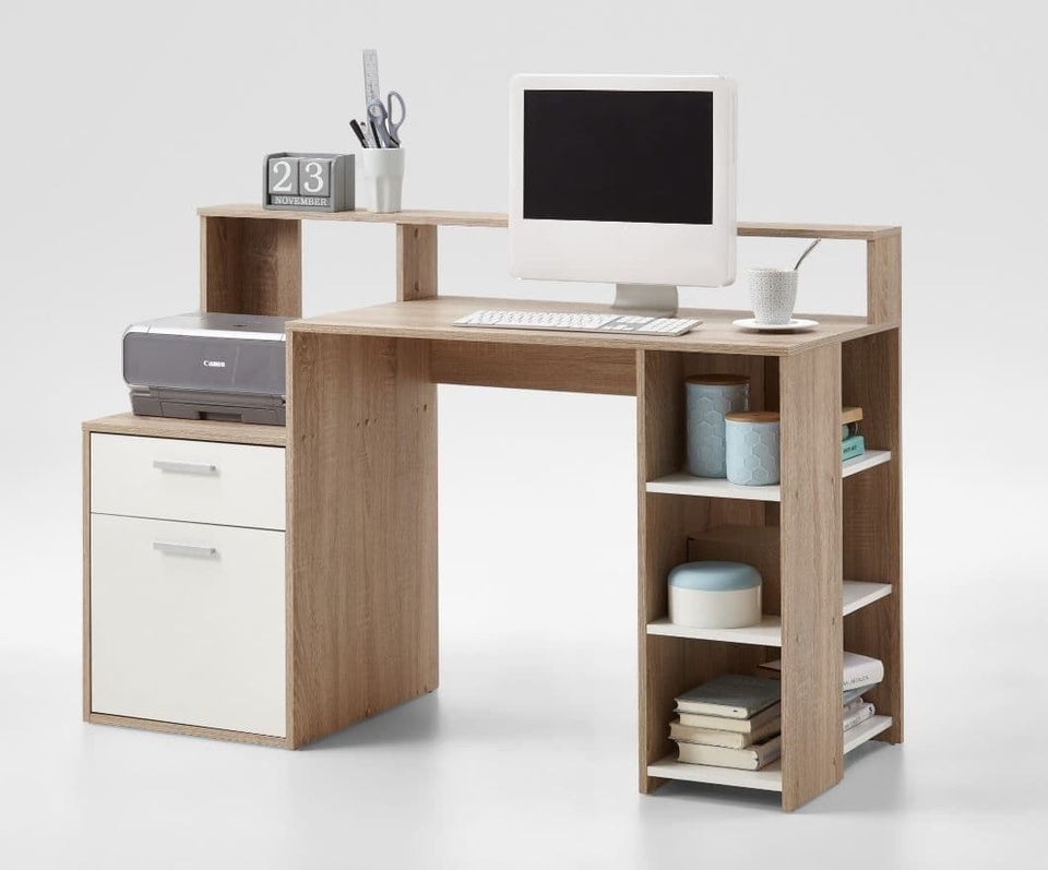 Niva Modern White and Oak Computer Desk with Hutch 138cm Wide Home Office Study Desk with Drawer, Cupboard, and Open Compartments