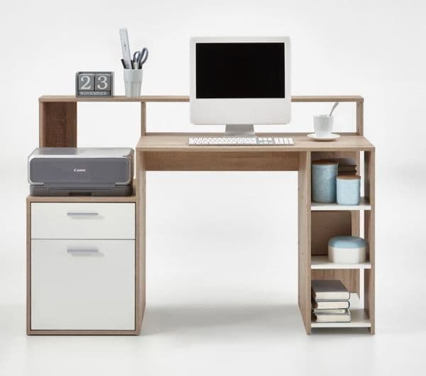 Niva Modern White and Oak Computer Desk with Hutch 138cm Wide Home Office Study Desk with Drawer, Cupboard, and Open Compartments